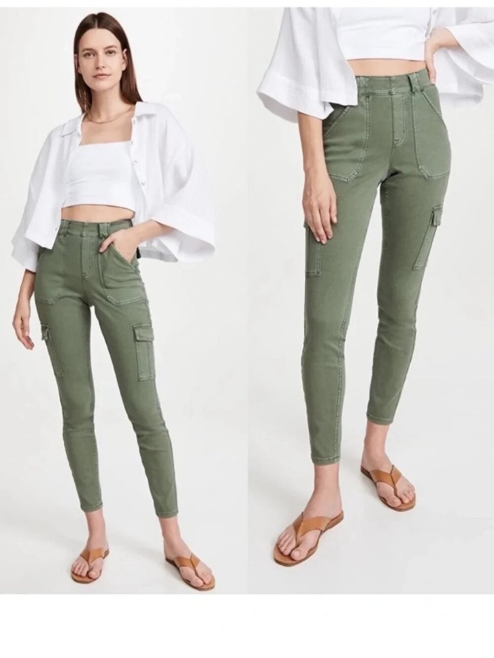 Spanx Stretch Twill Cargo Pants Womens Size S/P Green Skinny Leg Pull On Utility